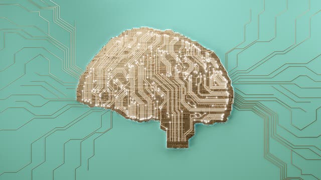 Eine goldene Schaltkreis-Darstellung in Form eines Gehirns auf einem türkisfarbenen Hintergrund. Die Leiterbahnen erstrecken sich vom Gehirn nach außen und symbolisieren die Verbindung und den Informationsfluss. Das Bild vermittelt den Eindruck von Technologie und künstlicher Intelligenz.