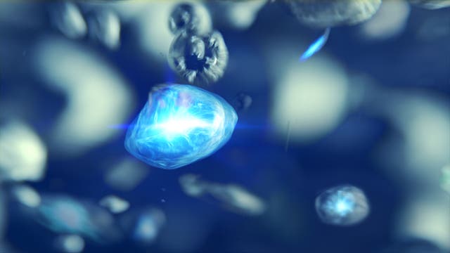 Eine 3-D-Darstellung von einem schwebenden, leuchtenden blauen Kristall im Zentrum des Bildes vor einem unscharfen, blauen Hintergrund. Der Kristall scheint Energie auszustrahlen und ist von kleineren, unscharfen Partikeln umgeben. Die Szene vermittelt ein Gefühl von Bewegung und Tiefe.