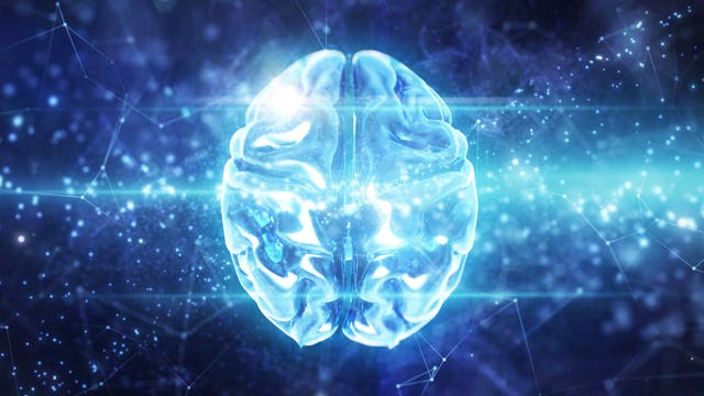 Ein leuchtendes, blaues Gehirn schwebt in einem digitalen, futuristischen Raum mit vernetzten Linien und Lichtpunkten, die neuronale Netzwerke darstellen. Die Szene vermittelt ein Gefühl von Technologie und Innovation.