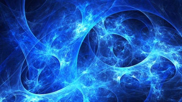 Leuchtende blaue Wirbel und geschwungene Linien auf dunklem Hintergrund. Die Komposition erinnert an kosmische Muster.