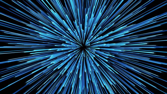 Ein strahlenförmiges Muster aus leuchtend blauen Linien, die von einem zentralen Punkt auf einem schwarzen Hintergrund in alle Richtungen ausgehen. Die Linien variieren in Länge und Helligkeit, was den Eindruck von Bewegung oder Geschwindigkeit vermittelt, ähnlich einem Sternenfeld in einem Sciencefiction-Film.