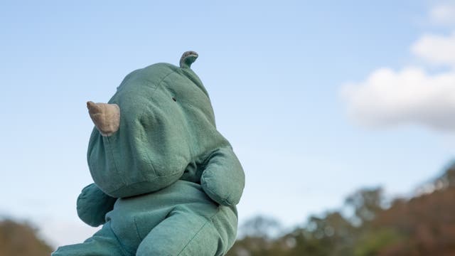 Ein grünes Plüsch-Nashorn sitzt auf einem Geländer vor einem blauen Himmel mit einigen Wolken. Es wirkt bedrückt. Im Hintergrund sind unscharf Bäume zu sehen. 
