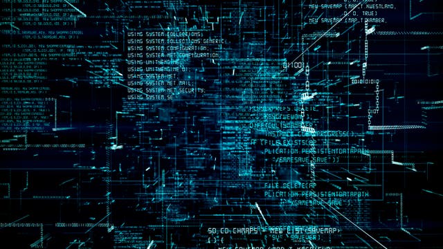Ein digitales Bild zeigt eine komplexe Darstellung von Computercode und Datenströmen. Der Hintergrund ist dunkel, während leuchtend blaue und weiße Linien und Textzeilen den Bildschirm füllen. Der Code enthält Begriffe wie "USING SYSTEM.COLLECTIONS" und "FILE.DELETE", die auf Programmierbefehle hinweisen. Die Anordnung der Linien und Texte vermittelt den Eindruck eines dreidimensionalen Raums, der die Komplexität und Vernetzung von Daten in der digitalen Welt symbolisiert.