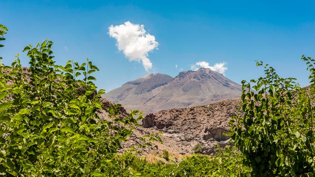 Blick auf eine bergige Landschaft mit zwei markanten Gipfeln unter einem klaren blauen Himmel. Im Vordergrund sind grüne Büsche und Pflanzen zu sehen. Eine einzelne weiße Wolke schwebt über den Bergen. Die Szene vermittelt ein Gefühl von Ruhe und natürlicher Schönheit.