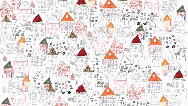 Eine künstlerische Illustration zeigt eine Vielzahl von skizzierten Häusern mit unterschiedlichen Formen und Farben. Die Dächer sind in Rot- und Brauntönen gehalten, einige mit Mustern verziert. Die Fassaden sind mit Fenstern und Türen in verschiedenen Stilen gezeichnet. Die Anordnung der Häuser wirkt dicht und lebendig, was eine verspielte und kreative Stadtlandschaft darstellt.