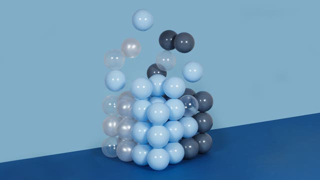 Ein Stapel aus hellblauen, dunkelblauen und durchsichtigen Kugeln, die an einer Wand aufeinandergestapelt sind. Die Wand ist in einem hellen Blauton gehalten, während der Boden dunkelblau ist. Einige Kugeln scheinen sich vom Stapel zu lösen und schweben nach oben.