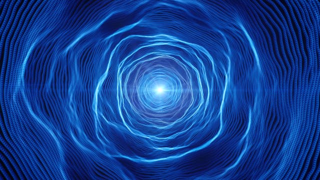 Eine 3-D-Darstellung eines blauen, spiralförmigen Tunnels, der in der Mitte von einem hellen Lichtpunkt erleuchtet wird. Die Struktur des Tunnels besteht aus wellenförmigen Linien, die eine dynamische, fließende Bewegung suggerieren. Die Darstellung vermittelt ein Gefühl von Tiefe und Bewegung, als ob man in den Tunnel hineingezogen würde.