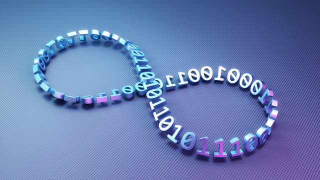 Eine 3D-Darstellung einer Möbiusschleife, die aus einer Kette von binären Zahlen besteht. Die Zahlen sind in einer Schleifenform angeordnet, die eine unendliche Schleife symbolisiert. Der Hintergrund ist in Blautönen gehalten, was einen futuristischen und technologischen Eindruck vermittelt.