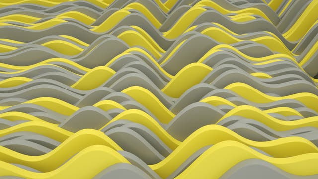 Eine abstrakte Darstellung von wellenförmigen Strukturen in gelben und grauen Tönen. Die Wellen verlaufen diagonal über das Bild und erzeugen ein dynamisches, rhythmisches Muster. Die geschwungenen Formen und die kontrastierenden Farben verleihen dem Bild eine dreidimensionale Wirkung, die an sanfte Hügel oder Wellen erinnert.