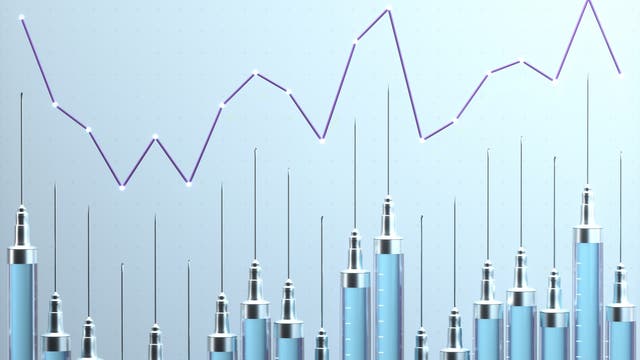 Eine Reihe von aufrecht stehenden Spritzen mit blauen Flüssigkeitskammern, die in unterschiedlichen Höhen angeordnet sind, symbolisiert Datenbalken. Darüber verläuft eine violette, gezackte Linie, die einen Trend oder Schwankungen darstellt. Der Hintergrund ist hellblau, was einen klinischen oder medizinischen Kontext suggeriert.