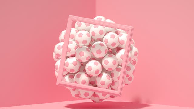 Viele rosa Fußbälle, die zu einem großen Ball zusammengefasst sind, davor ein rosafarbener Rahmen, der Hintergrund ist ebenfalls rosafarben.