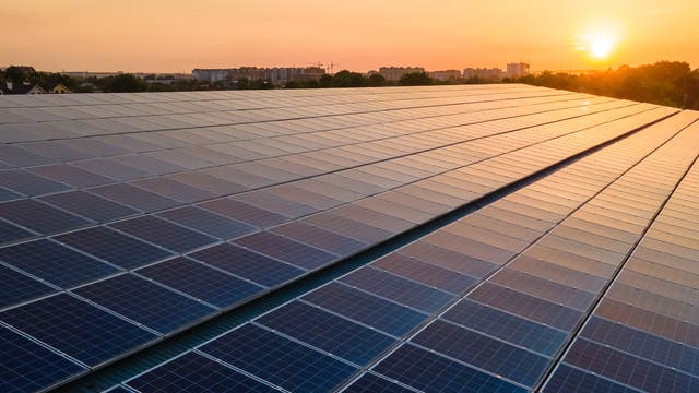 Eine große Fläche von Solarpaneelen erstreckt sich bis zum Horizont, während die Sonne am Himmel untergeht. Die Paneele reflektieren das warme Licht des Sonnenuntergangs. Im Hintergrund sind Bäume und Gebäude zu sehen.