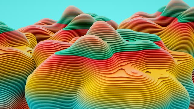 Ein abstraktes 3D-Bild zeigt eine Landschaft aus geschichteten, wellenförmigen Formen, die an bunte Hügel erinnern. Die Schichten sind in lebhaften Farben wie Rot, Orange, Gelb, Grün und Blau gehalten und erzeugen einen dynamischen, topografischen Effekt. Der Hintergrund ist ein helles Türkis, das einen starken Kontrast zu den intensiven Farben der Schichten bildet.