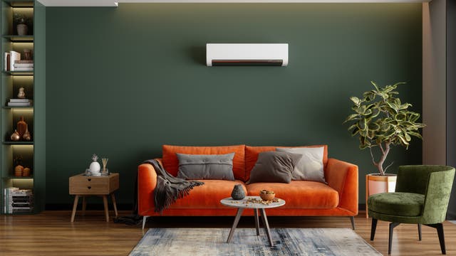 Ein schlicht eingerichtetes Wohnzimmer mit einem orangefarbenen Sofa vor einer grünen Wand. Das Sofa ist dekoriert mit grauen Kissen und einer grauen Decke mit Fransen. Vor dem Sofa steht ein kleiner runder Couchtisch mit einer grauen Vase und einer Schale mit Nüssen, davon einige auf dem Tischchen verteilt. Die Wand über dem Sofa trägt eine Klimaanlage. Links befindet sich ein Regal mit Büchern und dekorativen Objekten, rechts steht ein grüner Sessel und an der Wand eine Topfpflanze. Auf dem Holzboden liegt ein gemusterter Teppich vor dem Sofa.