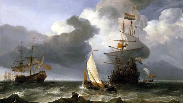 Ein dramatisches Seestück zeigt mehrere Segelschiffe auf einem stürmischen Meer unter einem bewölkten Himmel. Die Schiffe sind mit vollen Segeln unterwegs, während Wellen gegen die Rümpfe schlagen. Im Vordergrund ist ein kleines Boot zu sehen, das zwischen den größeren Schiffen manövriert. Die Wolkenformationen im Hintergrund verleihen der Szene eine dynamische und bedrohliche Atmosphäre.