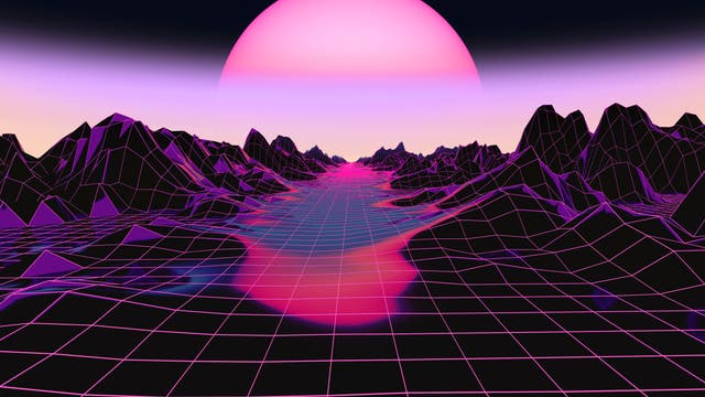 Eine 3D-Darstellung einer futuristischen Landschaft mit einem Rastermuster, das sich über den Boden erstreckt. Im Hintergrund erhebt sich eine große, pinkfarbene Sonne über einem Horizont aus stilisierten Bergen. Die Szene ist in lebhaften Neonfarben gehalten, die einen Retro-Computergrafik-Stil hervorrufen.