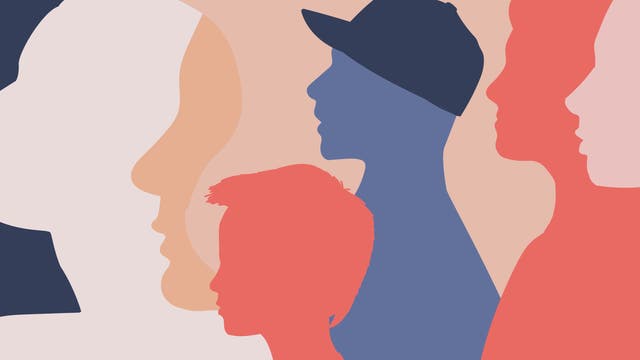 Die Illustration zeigt verschiedenfarbige Silhouetten von Profilansichten mehrerer Menschen.