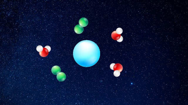 Die Abbildung zeigt eine künstlerische Darstellung von Molekülen im Weltraum. Im Zentrum befindet sich eine große, blaue Kugel, die von kleineren Molekülmodellen umgeben ist. Diese bestehen aus roten, weißen und grünen Kugeln, die chemische Elemente symbolisieren. Der Hintergrund ist sternenübersät und deutet die Weite des Universums an.