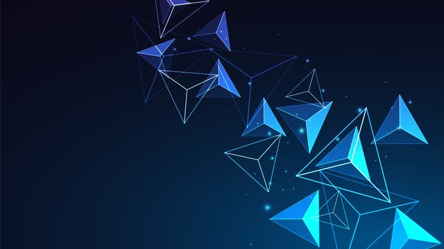Abstrakte Darstellung von leuchtenden, blauen geometrischen Formen, hauptsächlich Dreiecken, die in einem dunklen, sternenähnlichen Hintergrund schweben. Die Formen variieren in Größe und Transparenz, was eine dreidimensionale Illusion erzeugt. Einige Dreiecke sind mit Linien verbunden, die ein Netzwerk oder ein Gitter andeuten. Der Hintergrund ist dunkelblau, was die leuchtenden Formen hervorhebt.