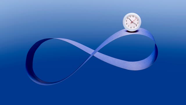 Eine Illustration eines Möbiusbandes, das in Form einer Unendlichkeitsschleife gestaltet ist. Rechts auf dem Band befindet sich eine weiße analoge Uhr, die 10:18 Uhr zeigt. Hintergrund und Möbiusband sind in verschiedenen Blautönen gehalten.