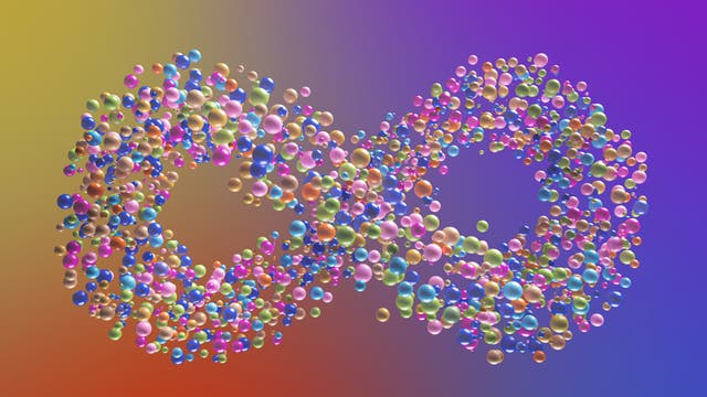 Eine 3D-Darstellung zeigt eine große Anzahl bunter Kugeln, die in der Form eines Unendlichkeitszeichens angeordnet sind. Die Kugeln variieren in Größe und Farbe, darunter Blau, Grün, Pink und Gelb. Der Hintergrund ist ein sanfter Farbverlauf von Gelb zu Violett, was der Darstellung Tiefe und Dynamik verleiht.