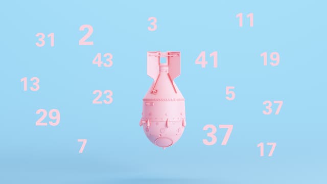 Eine rosa Kernwaffe auf blauem Hintergrund mit rosa Primzahlen um sie herum