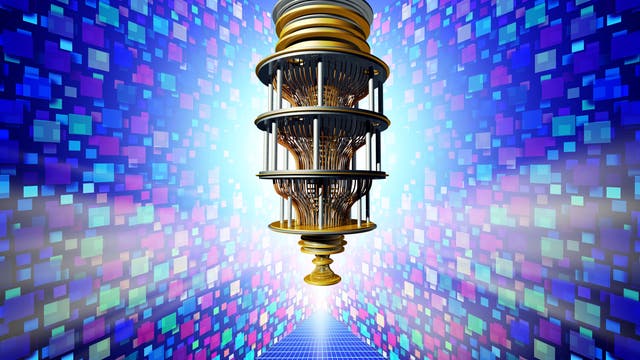 Ein Quantencomputer vor einem bunten Hintergrund