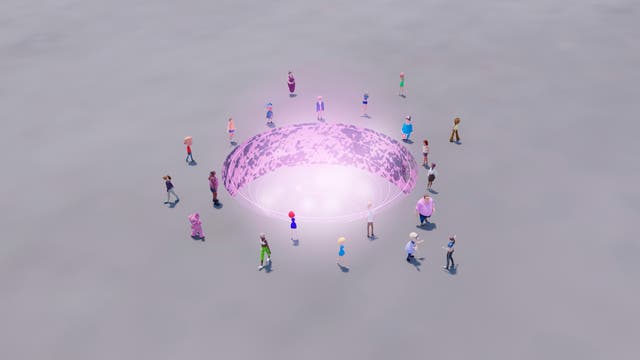 Eine Gruppe von stilisierten Figuren steht im Kreis um eine leuchtende, violette Grube auf einer grauen Fläche. Die Figuren sind in verschiedenen Posen und Outfits dargestellt, was eine Vielfalt an Charakteren andeutet. Der Abgrund strahlt ein sanftes Licht aus, das die Umgebung erhellt.