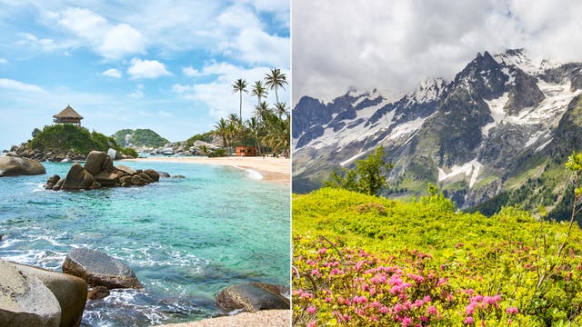 Zwei Landschaftsbilder nebeneinander: links eine tropische Küste bei Sonnenuntergang auf Hawaii mit Palmen und schwarzem Lavagestein, umgeben von sanften Wellen; rechts ein majestätischer Berg im Milford Sound, Neuseeland, beleuchtet von der Abendsonne, mit einem ruhigen See im Vordergrund, der die Szene spiegelt. Beide Bilder sind mit "Getty Images" gekennzeichnet.