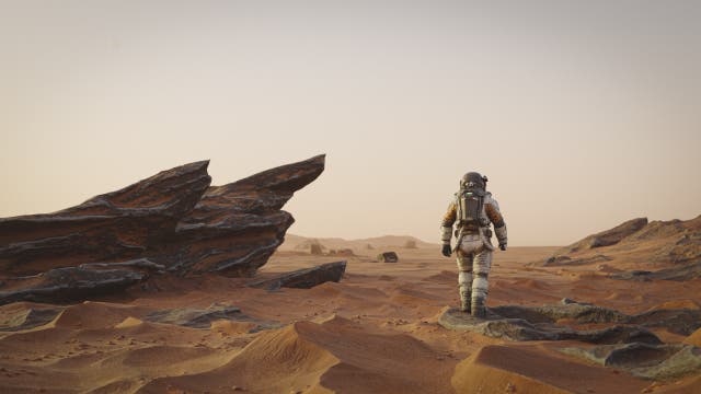 Illustration eines Astronauten oder einer Astronautin von hinten auf einem Wüstenplaneten mit rötlichem Sand und schwarzen Felsen. Der Himmel ist dunstig