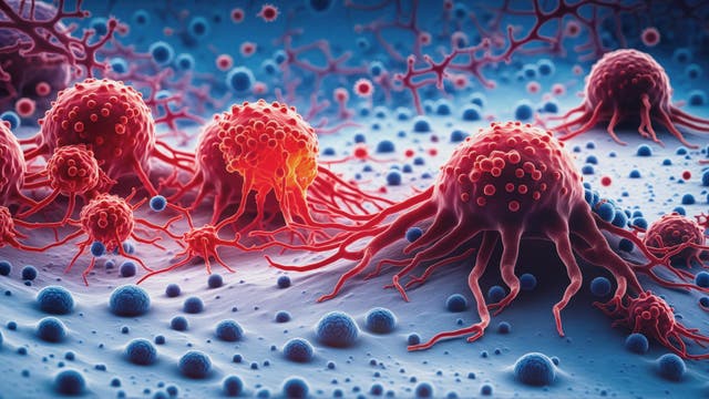 Illustration von rot eingefärbten Krebszellen, die auf blau dargestelltem Gewebe wuchern.
