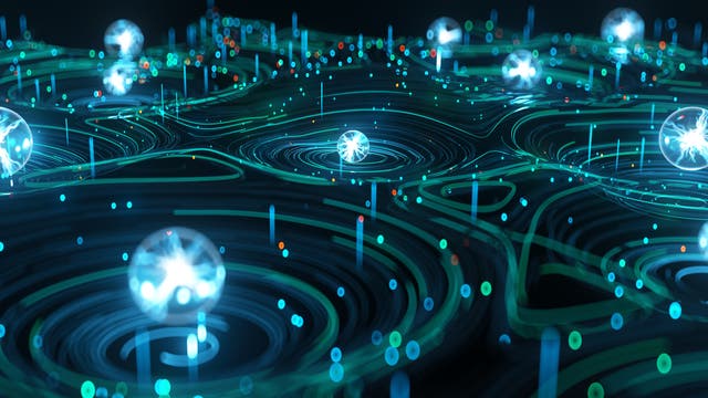 Eine futuristische, digitale Darstellung eines Netzwerks mit leuchtenden Kugeln, die auf einer dunklen, wellenförmigen Oberfläche schweben. Die Kugeln sind von konzentrischen Kreisen und leuchtenden Linien umgeben, die eine Verbindung und Datenfluss symbolisieren. Kleine, farbige Punkte und Linien verstärken den Eindruck von Technologie und Konnektivität.