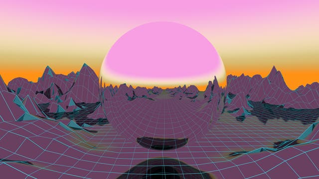 Eine 3D-Darstellung einer futuristischen Landschaft mit einem Gittermuster, das sich über hügelige, bergartige Strukturen erstreckt. Im Zentrum befindet sich eine große, transparente Kugel, die die Umgebung reflektiert. Der Himmel zeigt einen Farbverlauf von Pink zu Orange, was eine surreale Atmosphäre schafft. Die Szene vermittelt ein Gefühl von Unendlichkeit und digitaler Ästhetik.
