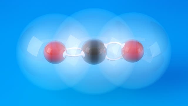 Molekülmodell eines Kohlendioxidmoleküls mit angedeuteten Elektronenwolken drumherum. Ja, ich weiß, dass die Orbitale nicht so aussehen. Ich war schon dankbar, dass das CO2 nicht gewinkelt ist wie ca. 80 Prozent der anderen Stockbilder da. 