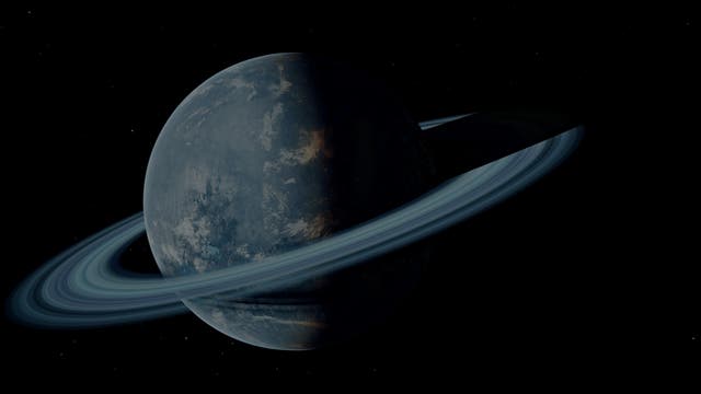 Ein Planet mit wolkiger Oberfläche, umgeben von einem Ring.