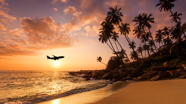 Ein Flugzeug fliegt über einen Strand bei Sonnenuntergang. Der Himmel ist in warmen Orange- und Rosatönen gefärbt, während Palmen sich sanft im Wind wiegen. Die Wellen des Meeres treffen auf den sandigen Uferbereich. Die Szene vermittelt ein Gefühl von Ruhe und Fernweh.