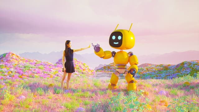 Eine Frau in einem schwarzen Kleid steht in einer bunten, blühenden Landschaft und gibt einem großen, gelben Roboter mit einem lächelnden Gesicht einen High-Five. Der Himmel ist rosa und die Umgebung wirkt surreal und futuristisch. Die Szene vermittelt eine harmonische Interaktion zwischen Mensch und Technologie.