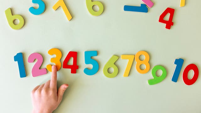 Eine Kinderhand zeigt auf eine Reihe bunter Zahlen von 1 bis 10, die auf einem hellgrünen Hintergrund angeordnet sind. Die Zahlen sind aus Holz und in verschiedenen Farben wie Blau, Rot, Gelb und Grün gestaltet. Oben im Bild sind weitere Zahlen verstreut.