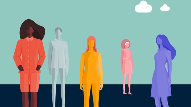 Eine stilisierte Illustration von fünf abstrakten Figuren in verschiedenen Farben und Formen, die auf einem zweifarbigen Hintergrund stehen. Die Figuren sind in Rot, Grau, Gelb, Rosa und Blau gehalten und haben keine Gesichtszüge. Der Hintergrund ist in einem hellen Türkis mit zwei weißen Wolken gestaltet. Die Szene vermittelt Vielfalt und Individualität durch die unterschiedlichen Farben und Formen der Figuren.