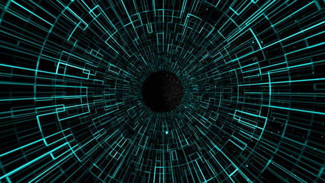 Ein digitales, futuristisches Tunnelbild mit einem zentralen schwarzen Punkt, umgeben von leuchtenden, türkisfarbenen Linien, die ein geometrisches, netzartiges Muster bilden. Die Linien erstrecken sich radial nach außen und erzeugen einen dreidimensionalen Effekt, der an einen Datenstrom oder einen virtuellen Raum erinnert. Kleine Lichtpunkte sind im Hintergrund verstreut, was dem Bild eine zusätzliche Tiefe verleiht.