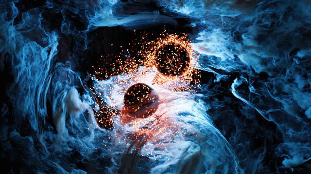 Eine künstlerische Darstellung eines astronomischen Phänomens, das zwei schwarze Kugeln zeigt, die von leuchtenden, orangefarbenen Partikeln umgeben sind. Diese Kugeln scheinen in einem Wirbel aus blauen und weißen Gaswolken zu schweben, was den Eindruck von Bewegung und Energie vermittelt. Die Szene erinnert an die Kollision oder Interaktion von Himmelskörpern im Weltraum.