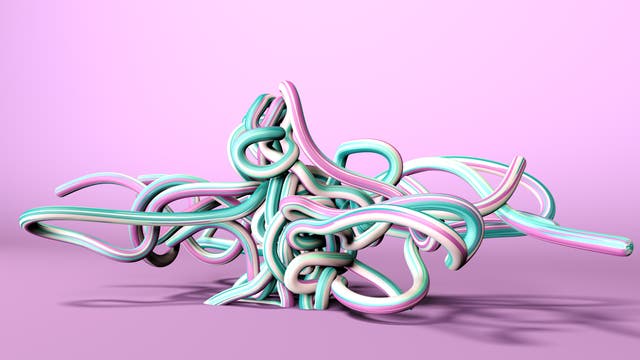 Eine 3-D-Darstellung zeigt ein komplexes Geflecht aus bunten, geschwungenen Bändern in Pastellfarben, die sich ineinander verschlingen. Die Bänder sind in Rosa, Türkis und Weiß gehalten und werfen Schatten auf den rosa Hintergrund. Die Struktur wirkt dynamisch und chaotisch, als ob sie in Bewegung wäre.