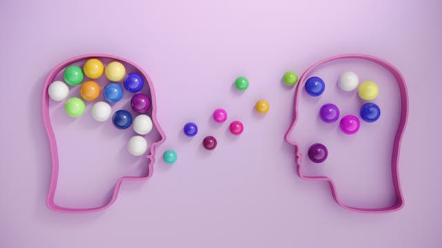 Zwei stilisierte, rosa Umrisse von Köpfen auf einem lila Hintergrund. Der linke Kopf ist mit bunten Kugeln gefüllt, die in Richtung des rechten Kopfes schweben, der ebenfalls einige Kugeln enthält. Die Darstellung symbolisiert den Austausch von Ideen oder Gedanken.
