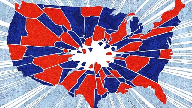 Eine stilisierte geografische Karte der Vereinigten Staaten, die in rote und blaue Segmente unterteilt ist, die die politische Aufteilung darstellen. Die Karte ist in einem zersplitterten Muster gestaltet, das von einem zentralen Punkt ausstrahlt, was die Fragmentierung und den Kontrast zwischen den Regionen hervorhebt. Der Hintergrund in hellem blau mit strahlenförmigen Linien scheint eine Explosion anzudeuten.