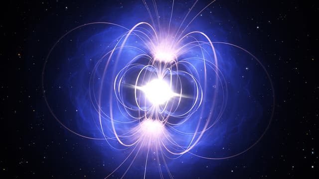 Ein leuchtendes, weißes Licht in der Mitte eines blauen, nebelartigen Hintergrunds, das von symmetrischen, leuchtenden Linien umgeben ist, die ein Magnetfeld darstellen. Der Hintergrund zeigt einen Sternenhimmel. 