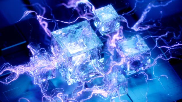 Eine 3D-Darstellung zeigt transparente Würfel, die auf einer Oberfläche schweben. Um die Würfel herum sind leuchtende, elektrische Ströme in Blau- und Violetttönen sichtbar, die eine dynamische und energiegeladene Atmosphäre erzeugen. Die Szene vermittelt ein futuristisches und technologisches Gefühl.