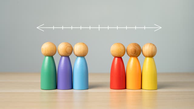 Sechs bunte Holzfiguren stehen auf einem Tisch, aufgeteilt in zwei Gruppen. Die linke Gruppe besteht aus drei Figuren in Grün, Lila und Blau, die rechte aus drei Figuren in Rot, Orange und Gelb. Über den Figuren ist ein horizontaler Pfeil mit Strichen, der auf die Trennung hinweist. Der Hintergrund ist grau.