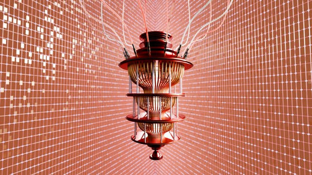 Eine 3-D-Darstellung eines komplexen, futuristischen Geräts, das an einen Quantencomputer erinnert. Das Gerät besteht aus mehreren übereinander angeordneten, runden Ebenen, die durch zahlreiche Kabel verbunden sind. Der Hintergrund zeigt ein Gittermuster aus kleinen, leuchtenden Punkten, das eine digitale oder technologische Atmosphäre vermittelt. Die Farben sind überwiegend Rot und Orange, was dem Bild eine warme, aber technische Ästhetik verleiht.