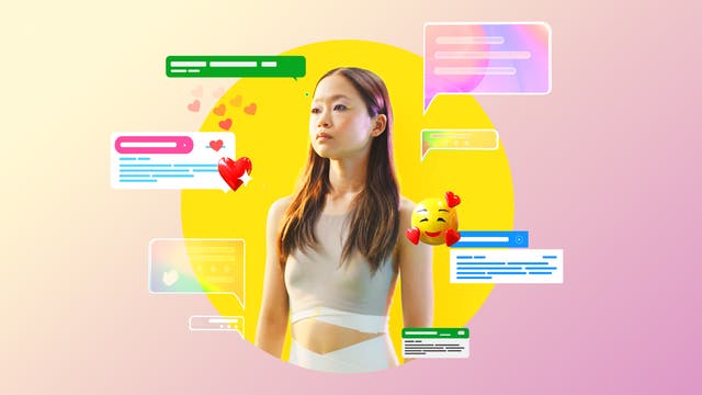 Eine Frau steht vor einem farbenfrohen Hintergrund, umgeben von schwebenden Chatblasen und Emojis. Die Chatblasen enthalten Textzeilen und Symbole, die Kommunikation und Interaktion darstellen. Ein Emoji mit Herzaugen schwebt in der Nähe, was eine positive und freundliche Stimmung vermittelt. Der Hintergrund ist in Gelb- und Rosatönen gehalten, was dem Bild eine lebendige und moderne Atmosphäre verleiht.