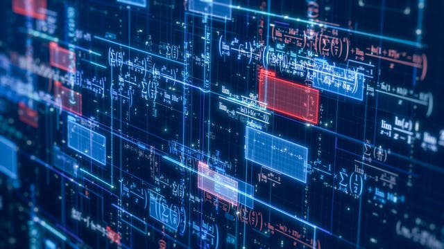 Eine digitale Darstellung komplexer mathematischer Formeln und Notationen auf einem dunklen Hintergrund. Die Formeln umfassen Summen- und Grenzwertzeichen, dargestellt in leuchtenden Farben wie Blau und Rot. Die Abbildung zeigt eine Vielzahl von mathematischen Ausdrücken, die in einem Netzwerk von Linien und Kästchen angeordnet sind, was auf eine strukturierte und systematische Anordnung hinweist. Die visuellen Elemente betonen die Komplexität und Vernetzung mathematischer Konzepte.